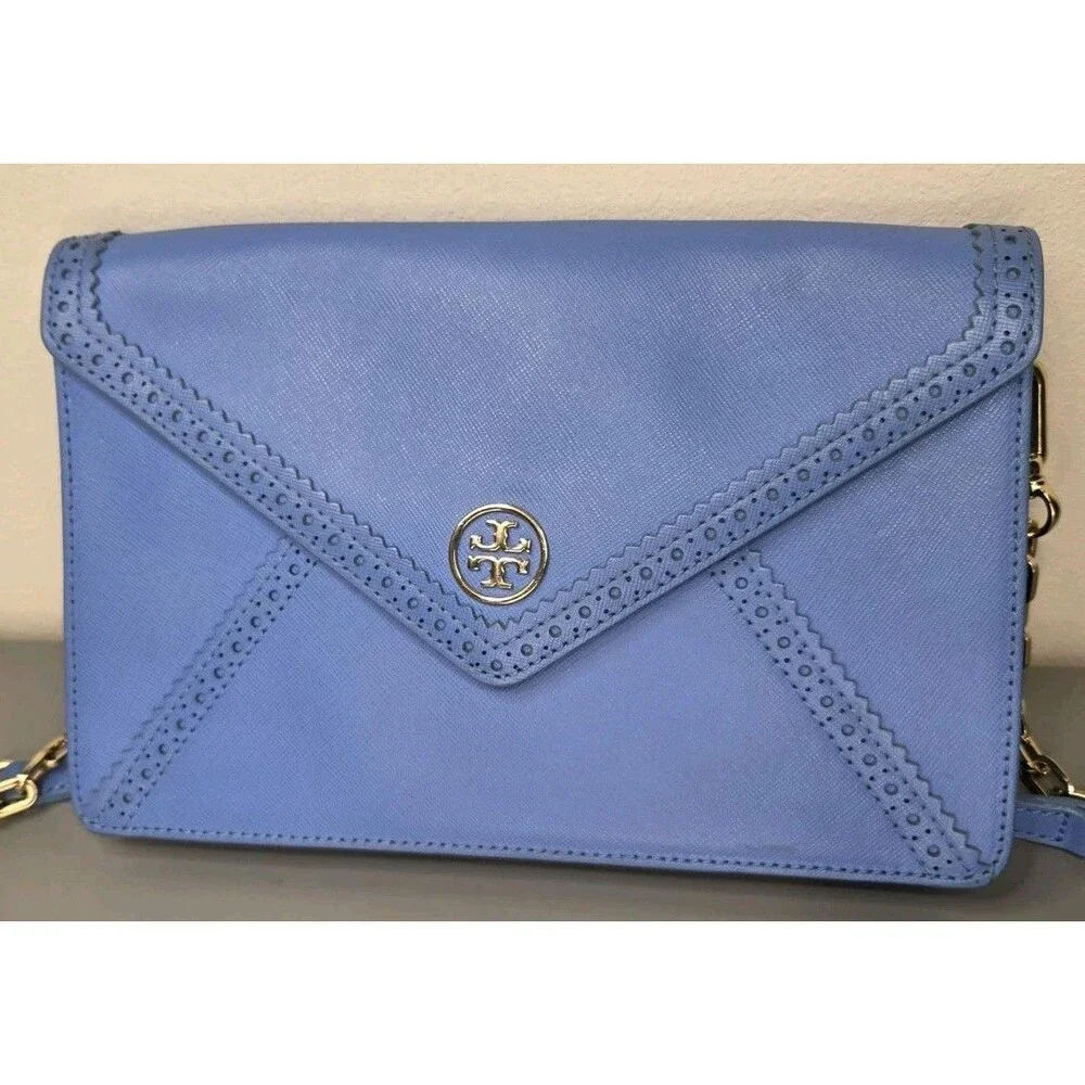 Tory Burch Envelope Clutch Crossbody Chain Purse Handbag Periwinkle Blue